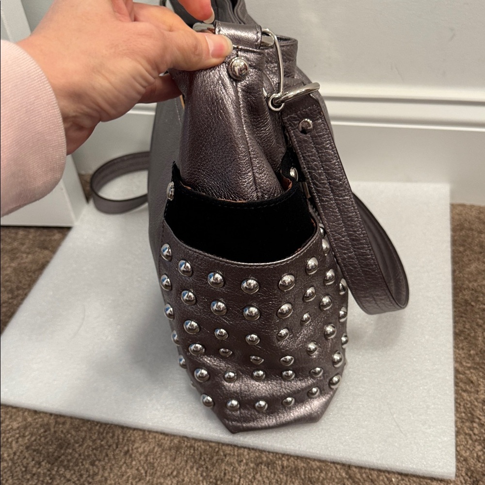 B.Makowsky Studded Metallic Leather Handbag - Picture 4 of 12